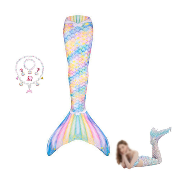 No Monofin--Sparkly Girls Mermaid Tail Swimsuit, ,Comes with Shell Beaded Necklace, Cute Mermaid Bikini for Photography