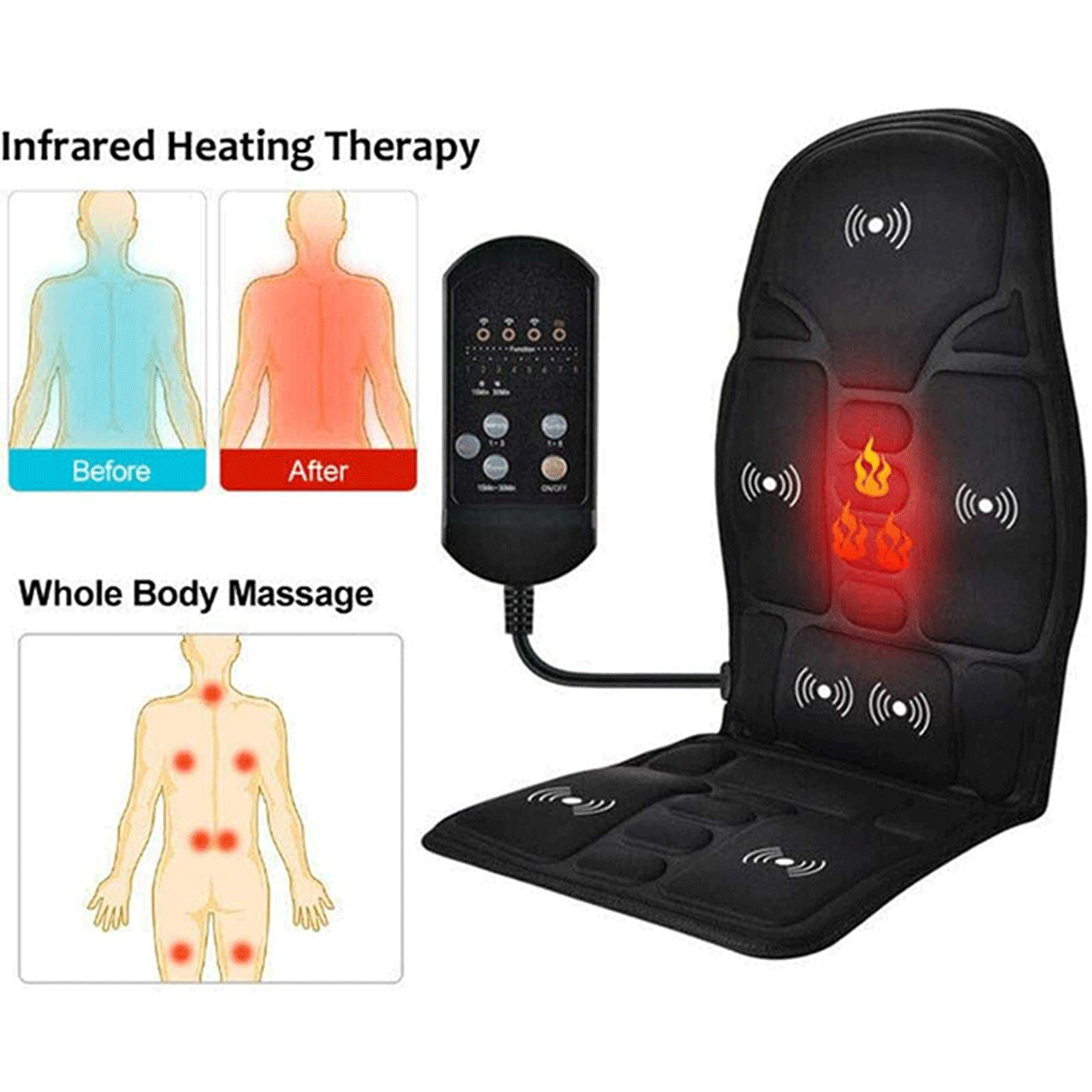 Beheizbare Sitzauflage Auto 12V – Massagefunktion, Auto- & Netzadapter, 8 Massageprogramme