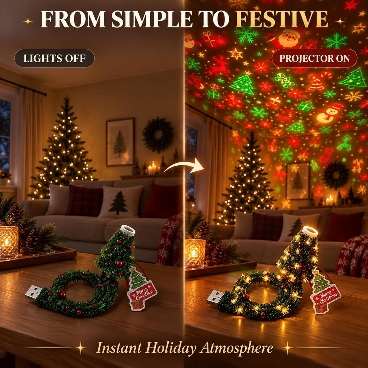 Christmas Projector Light, Plug and Play HD USB Christmas Tree Projector