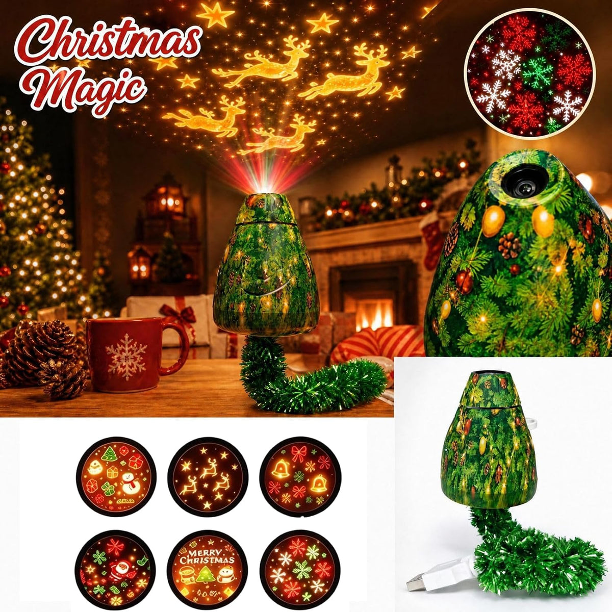 Christmas Projector Light, Plug and Play HD USB Christmas Tree Projector