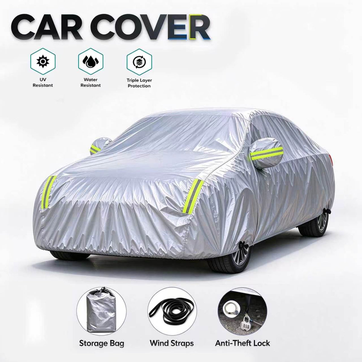 GMC Outdoor Car Cover, Waterproof and UV-Resistant FullFitted Car Cover, with Reflective Strips, Windproof Straps,and Storage Bag