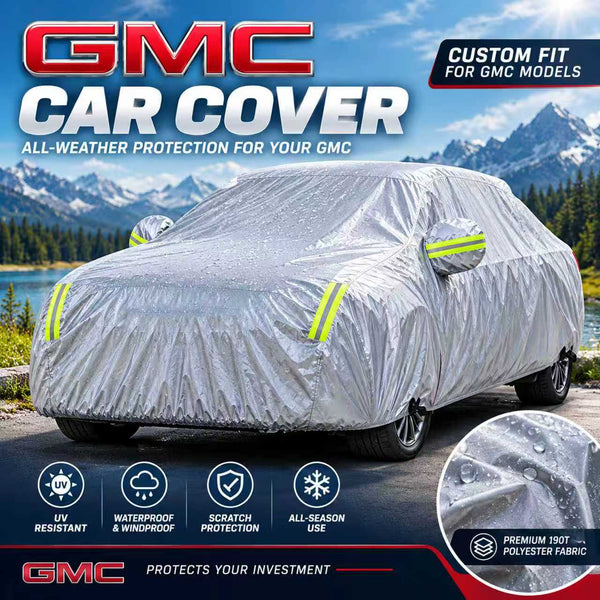 GMC Outdoor Car Cover, Waterproof and UV-Resistant FullFitted Car Cover, with Reflective Strips, Windproof Straps,and Storage Bag