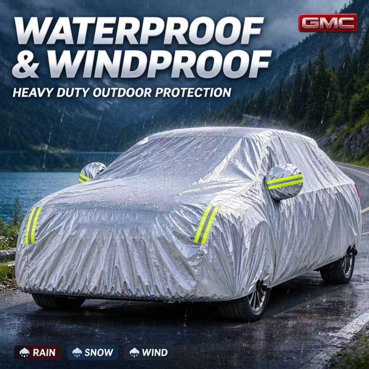 GMC Outdoor Car Cover, Waterproof and UV-Resistant FullFitted Car Cover, with Reflective Strips, Windproof Straps,and Storage Bag