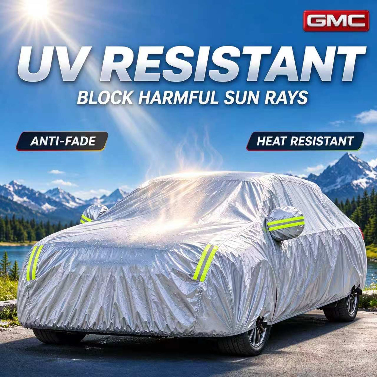 GMC Outdoor Car Cover, Waterproof and UV-Resistant FullFitted Car Cover, with Reflective Strips, Windproof Straps,and Storage Bag